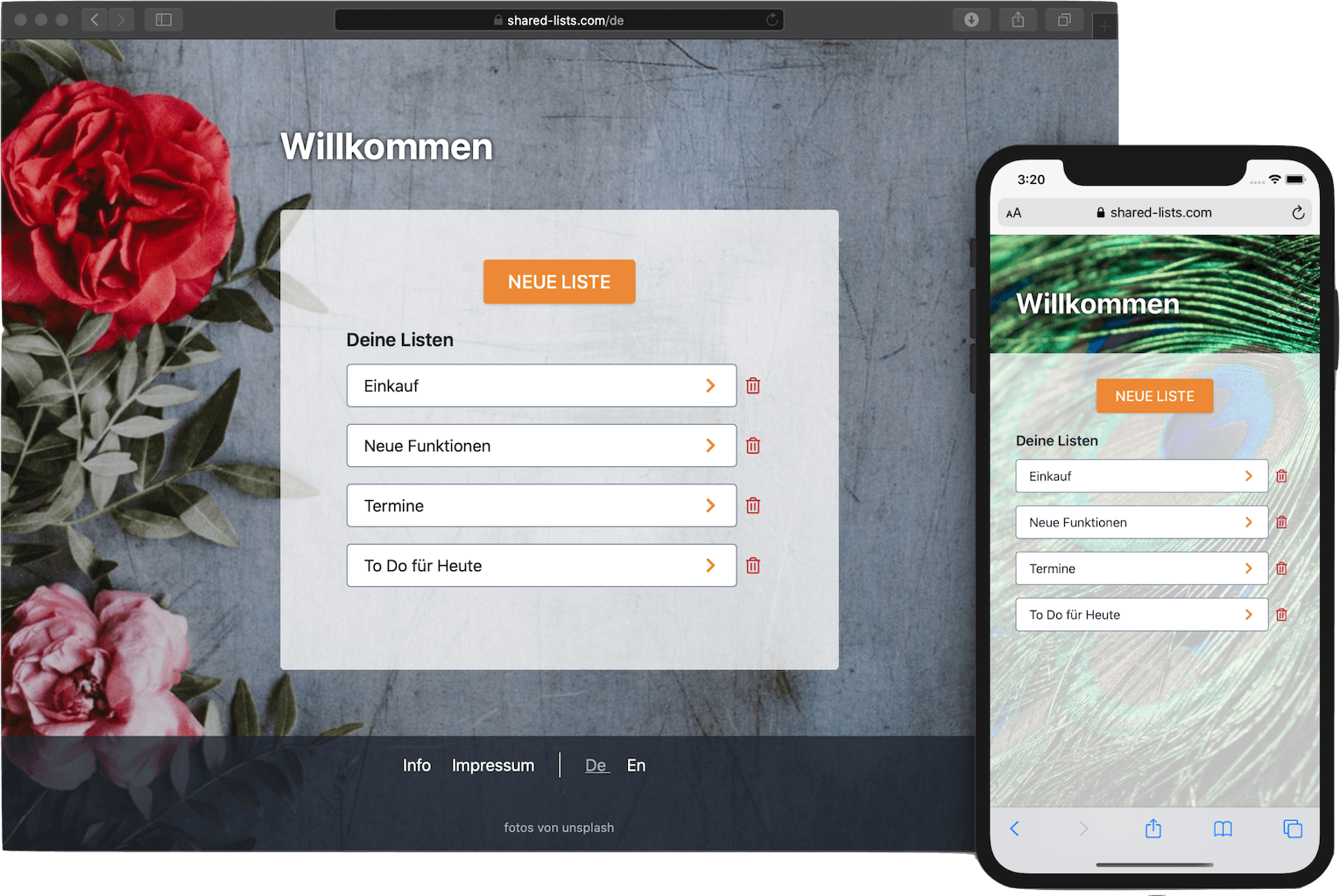 Screenshot: Startseite mit Listen